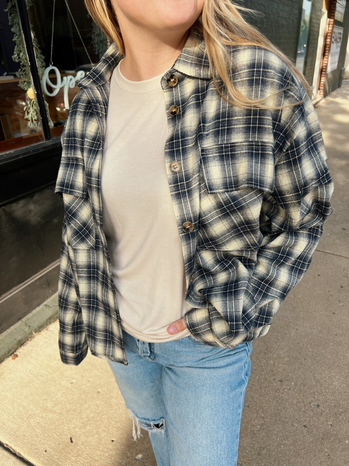 NAVY + IVORY PLAID BUTTON UP