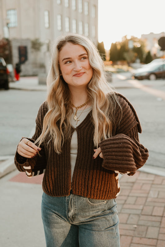 CHOCOLATE COLLARED OPEN STITCH SWEATER