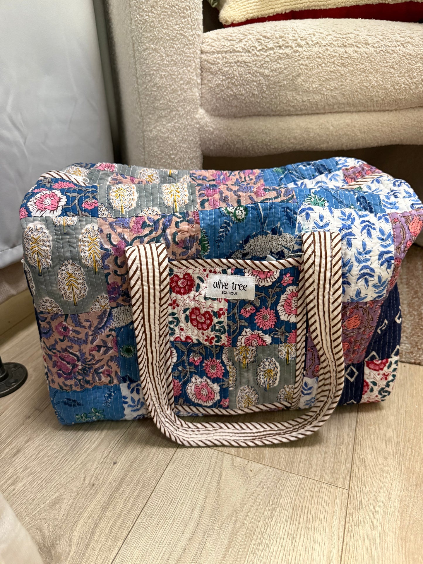 NAVY + PURPLE QUILTED PATCHWORK DUFFLE