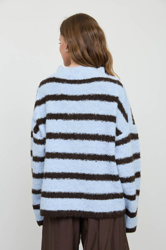 BLUE + BROWN STRIPED BUTTON DOWN CARDIGAN