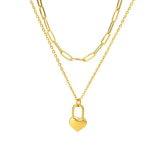 DOUBLE LAYERED PAPERCLIP CHAIN + LOCK HEART