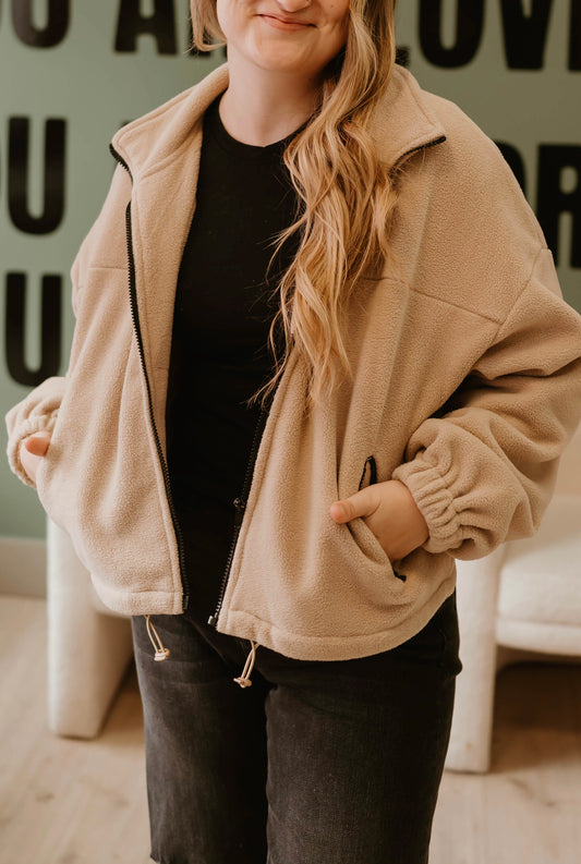 TAN FLEECE CROPPED JACKET