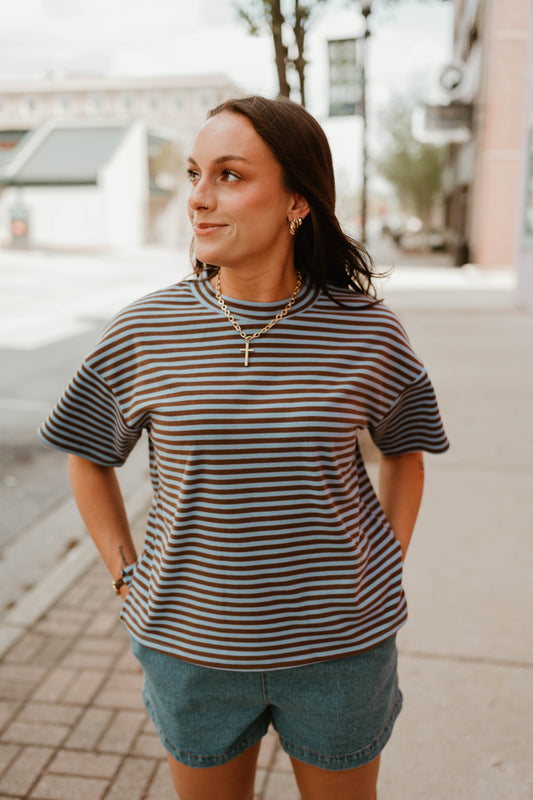 BLUE + BROWN FLEECE STRIPED TEE