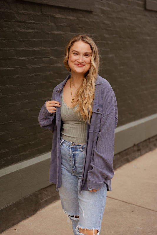 BLUE WAFFLE KNIT SHACKET