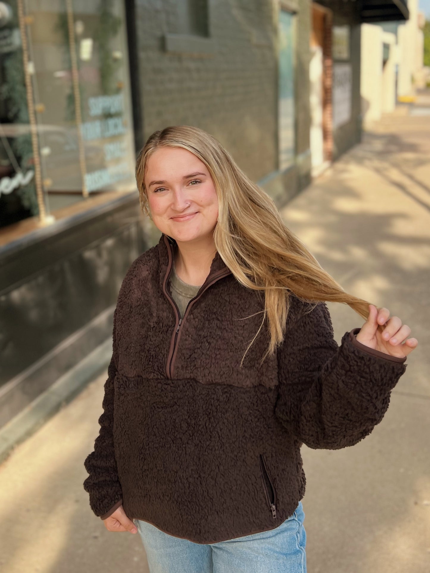 BROWN TEDDY HALF ZIP PULLOVER