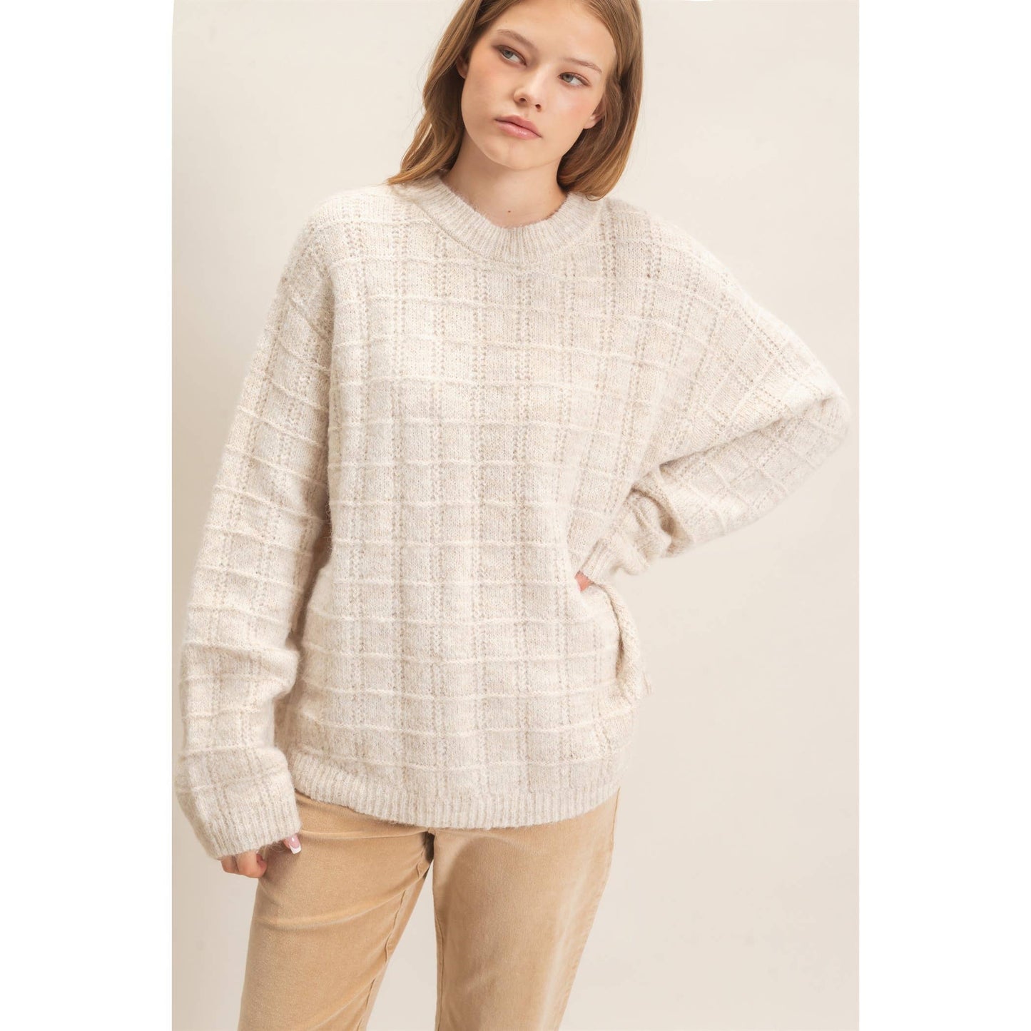 OATMEAL GRID KNIT SWEATER