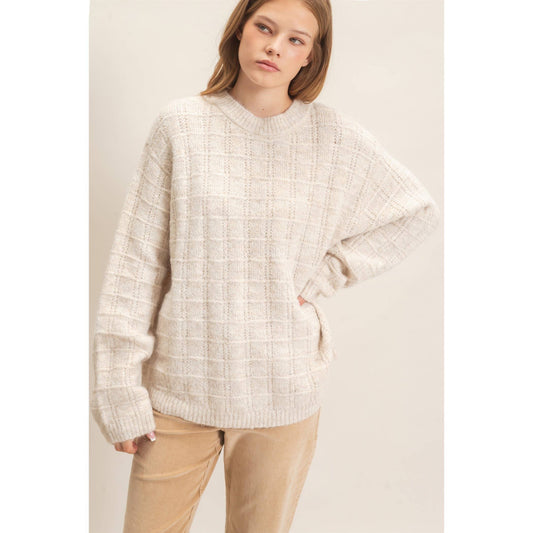 OATMEAL GRID KNIT SWEATER