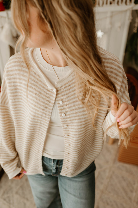 STRIPE RAW EDGE DROP SHOULDER KNIT CARDIGAN