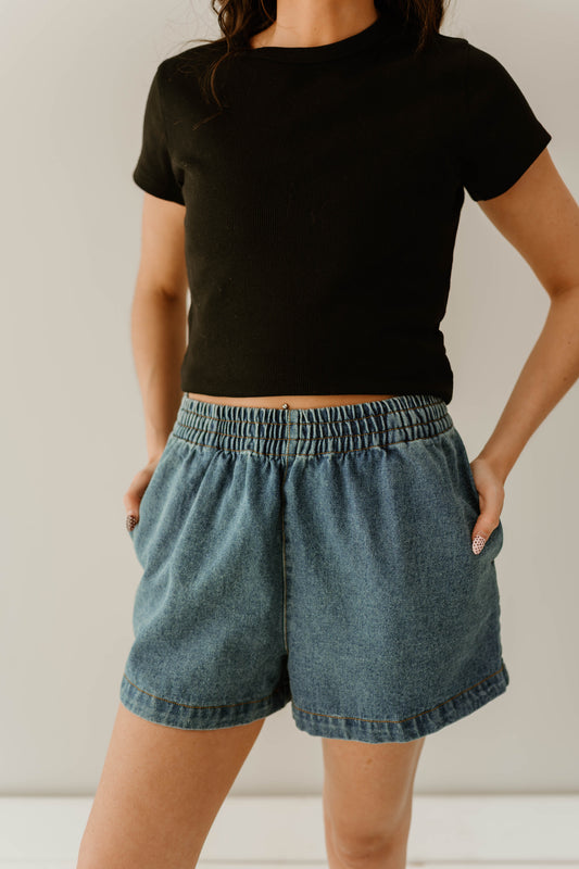 ELASTIC WAIST RELAXED DENIM SHORTS