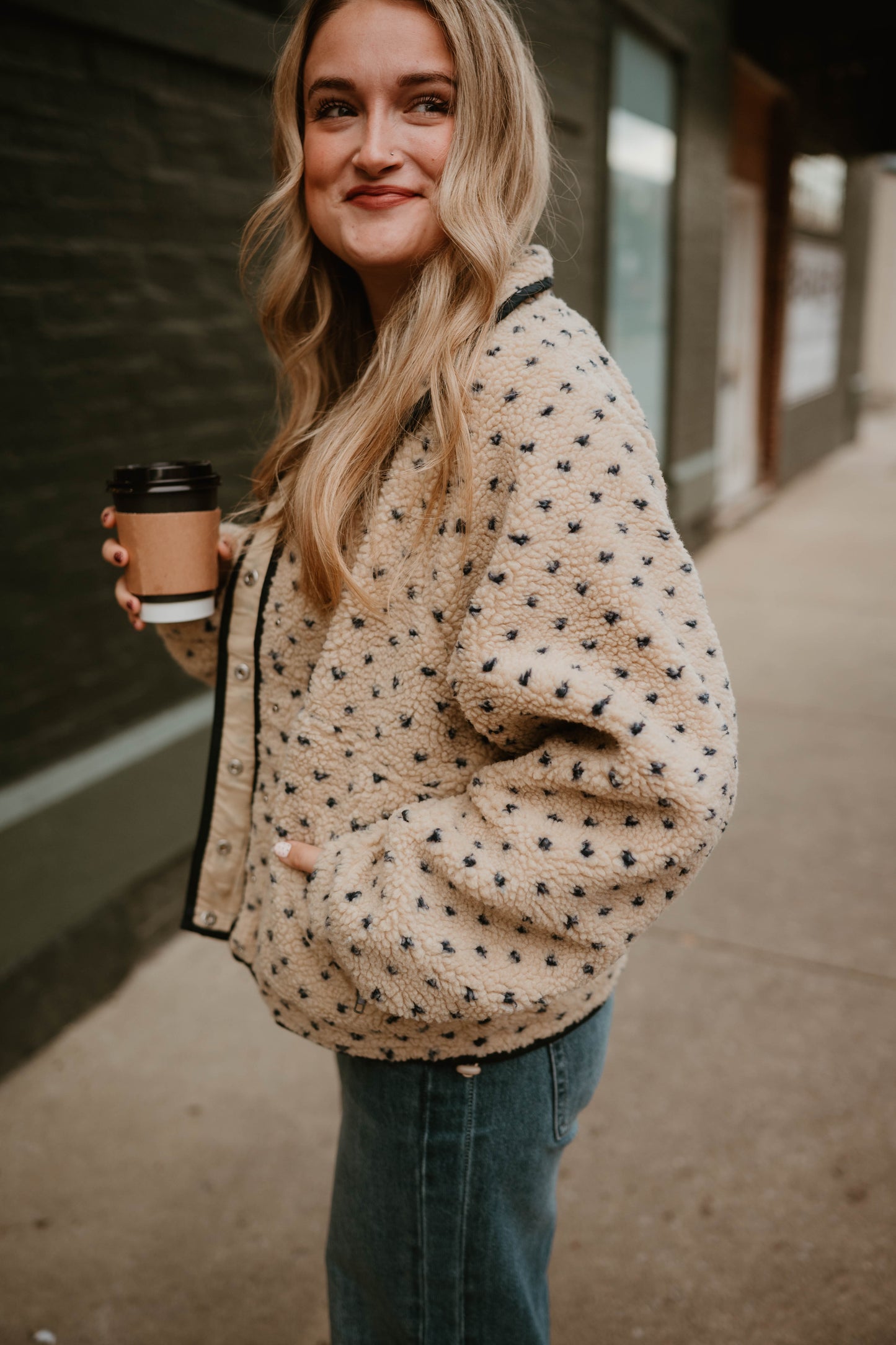 NAVY + TAN SNAP BUTTON SHERPA JACKET