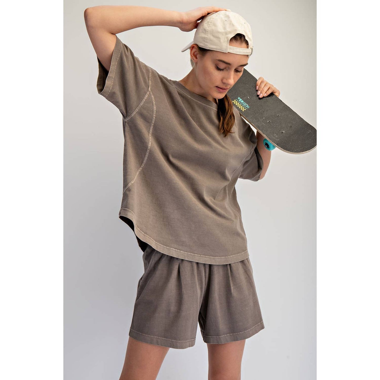 MOCHA PIGMENT WASHED COTTON SHORTS SET