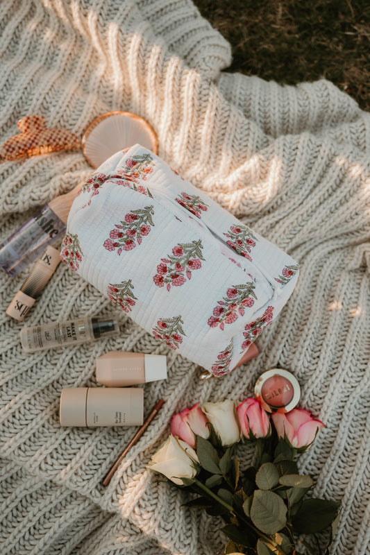 PINK + IVORY FLORAL MAKEUP BAG