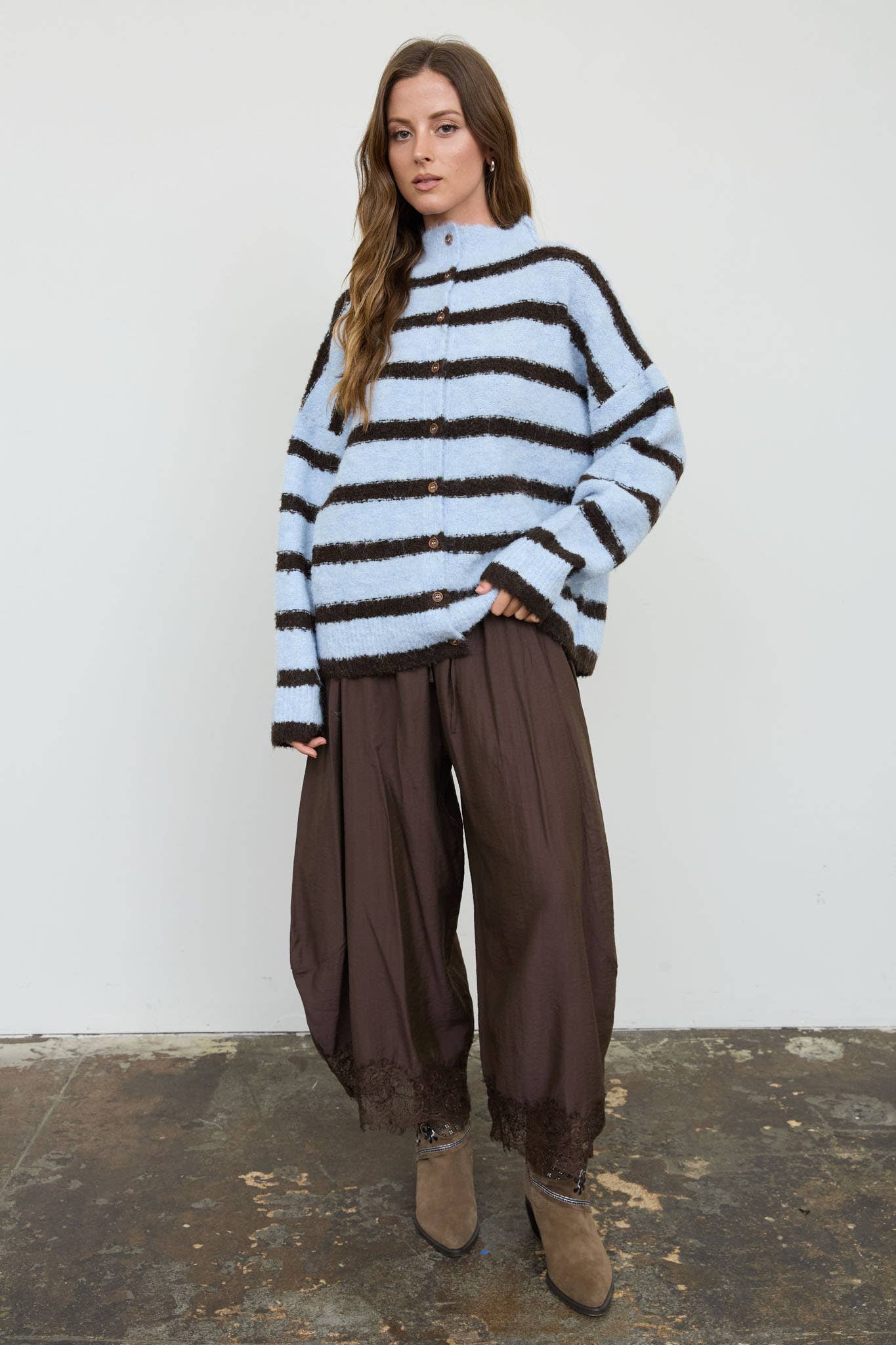 BLUE + BROWN STRIPED BUTTON DOWN CARDIGAN
