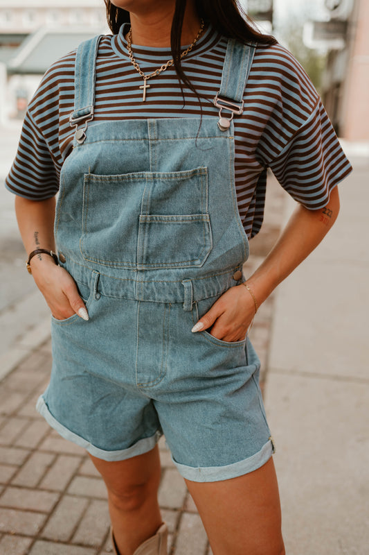 DENIM CROSS BACK SHORT OVERALLS