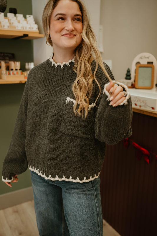 ROUND NECK LONG SLEEVE STITCH DETAIL SWEATER