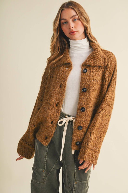 CAMEL OPEN KNIT BUTTON FRONT SWEATER