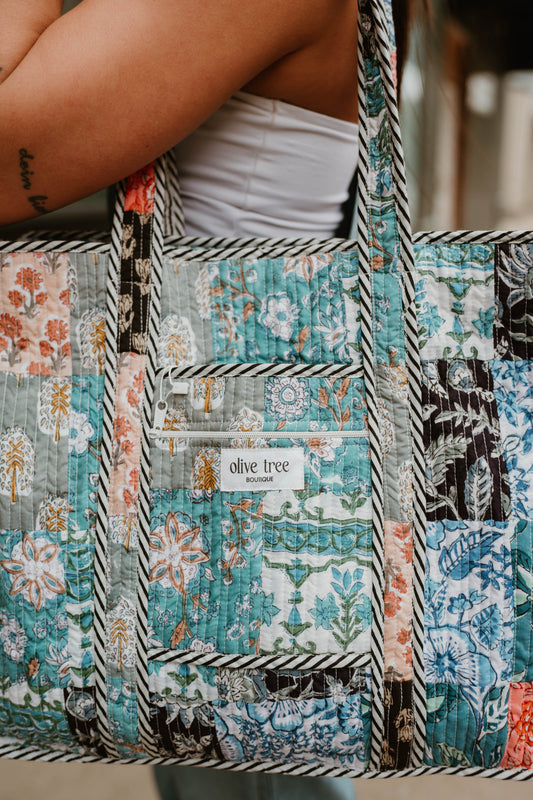 MIDNIGHT QUILTED PATCHWORK ZIP TOTE