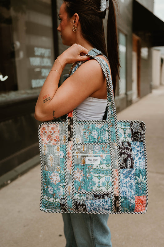 MIDNIGHT QUILTED PATCHWORK ZIP TOTE