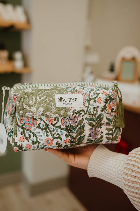 SAGE QUILTED PATCHWORK MAKEUP POUCH