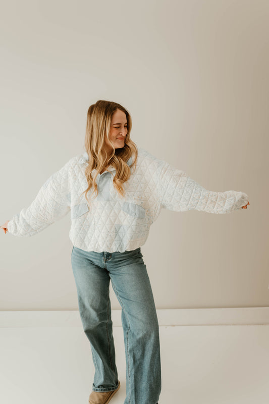 QUILTED BLUE HALF BUTTON PULLOVER