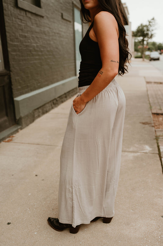 SAND ELASTIC WAIST LINEN PANTS