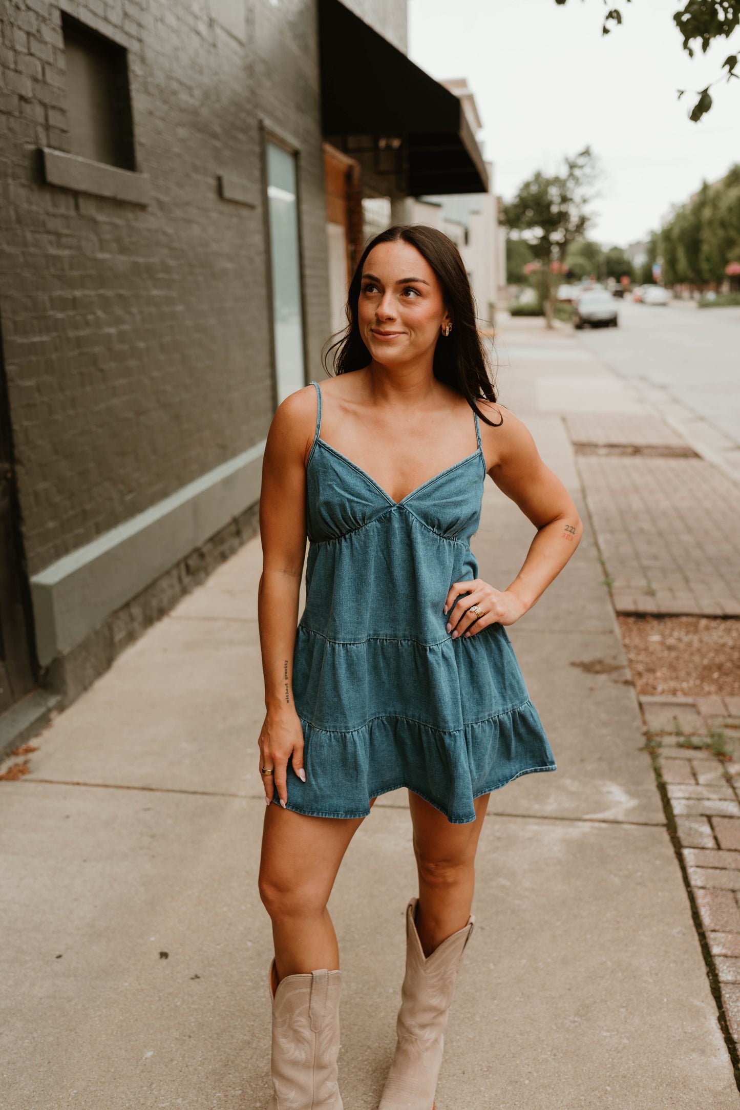 SPAGHETTI STRAP TIERED DENIM DRESS