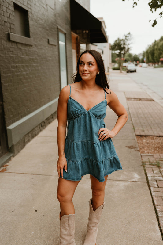 SPAGHETTI STRAP TIERED DENIM DRESS