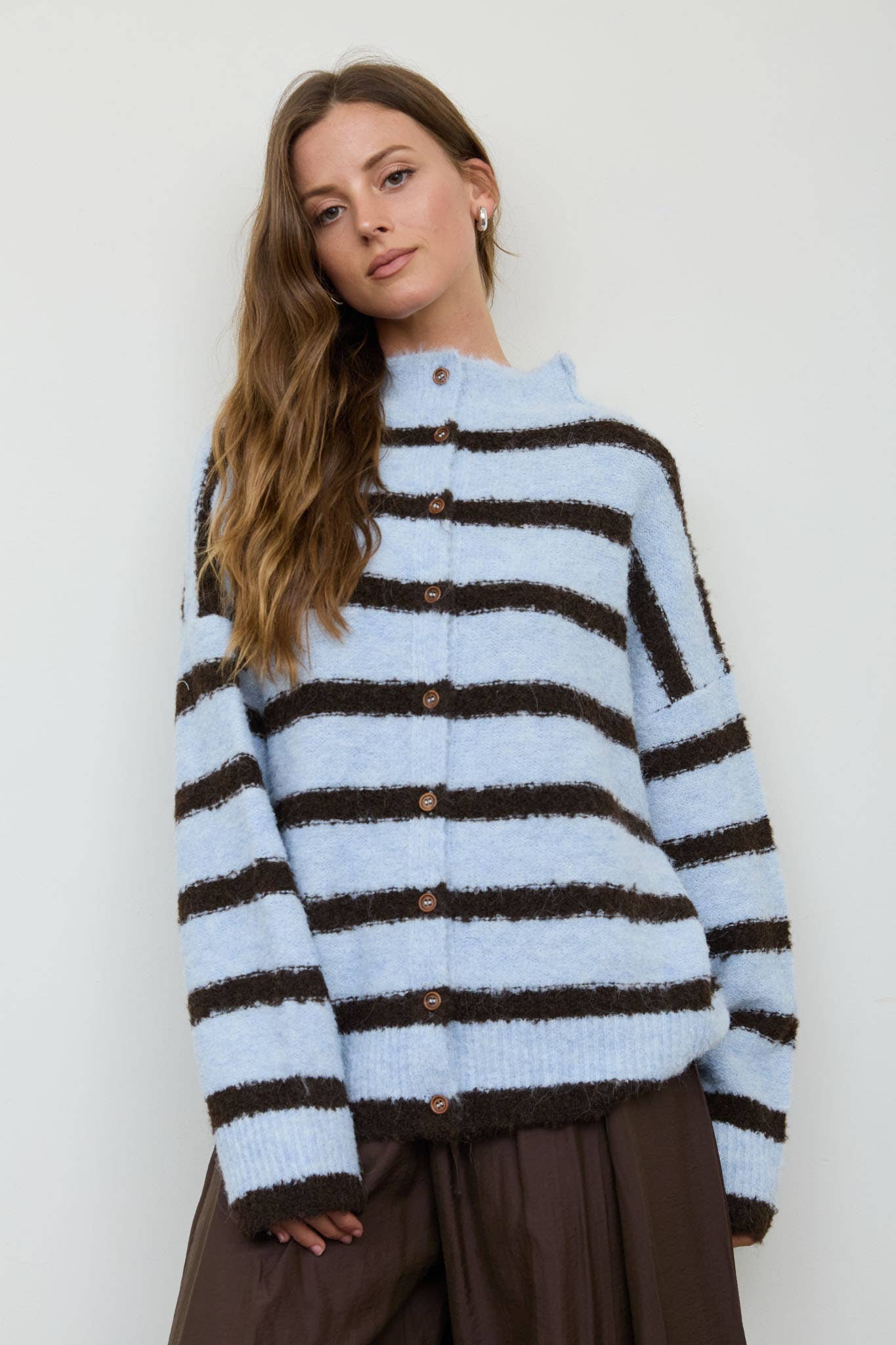 BLUE + BROWN STRIPED BUTTON DOWN CARDIGAN