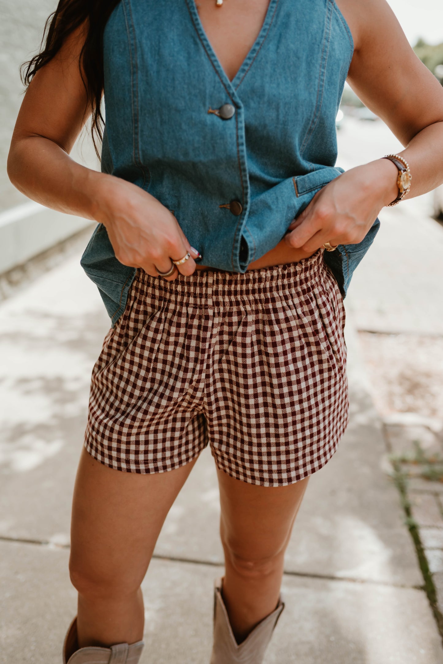 RED GINGHAM ELASTIC WAIST SHORTS