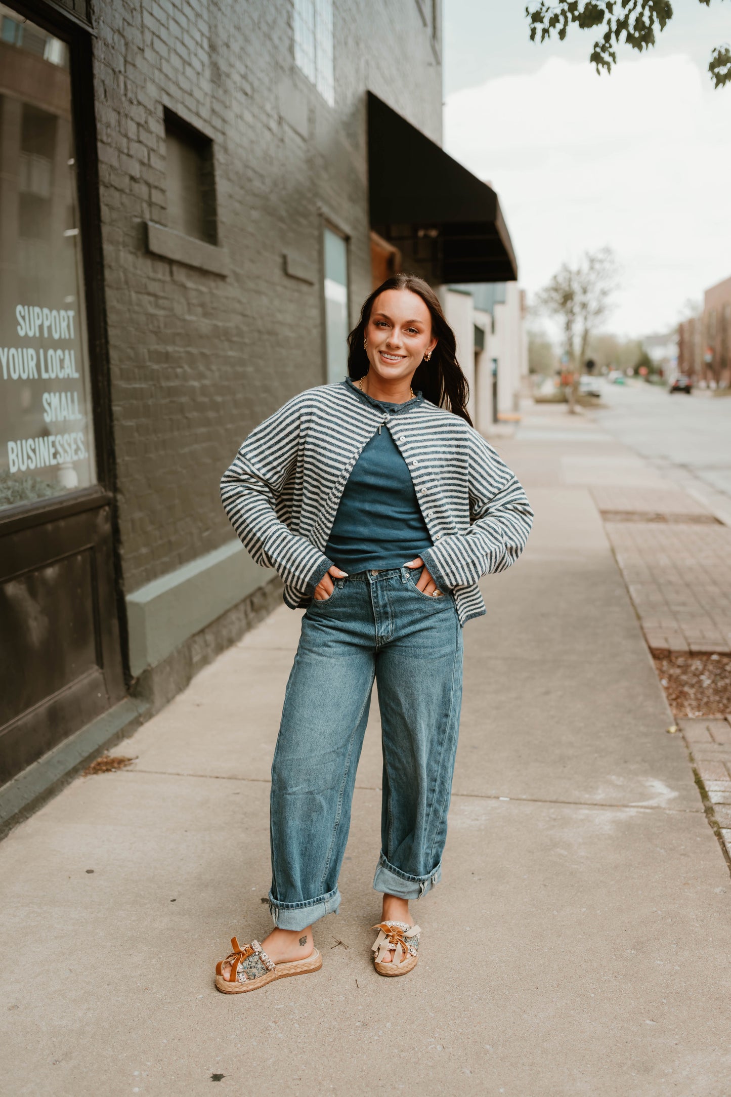BLUE MINI STRIPED BUTTON CARDIGAN