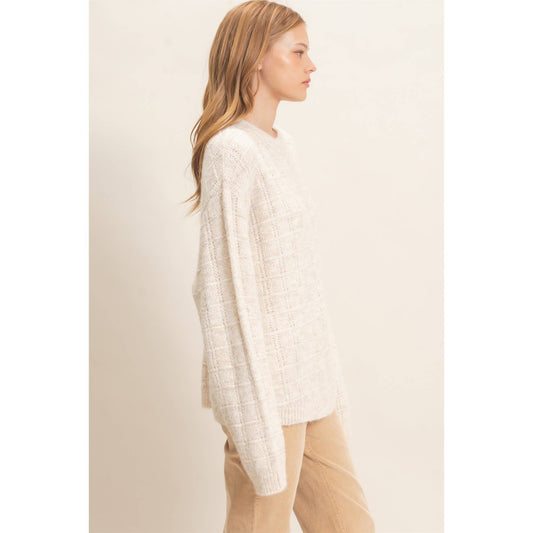 OATMEAL GRID KNIT SWEATER