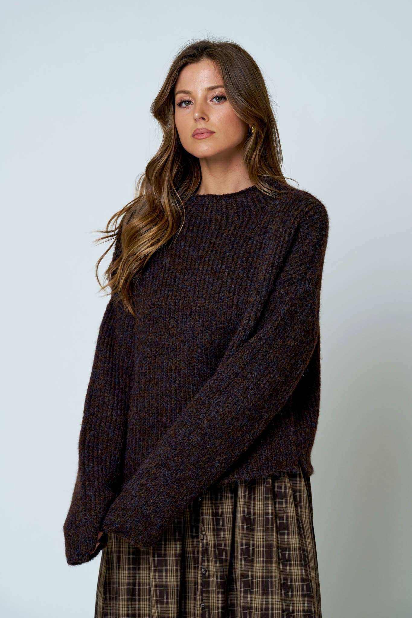 BROWN MOCK NECK KNIT SWEATER