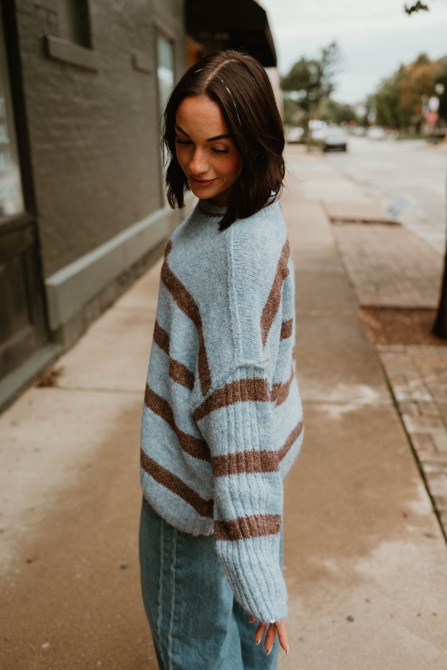 BLUE + MOCHA STRIPED OVERSIZED SWEATER