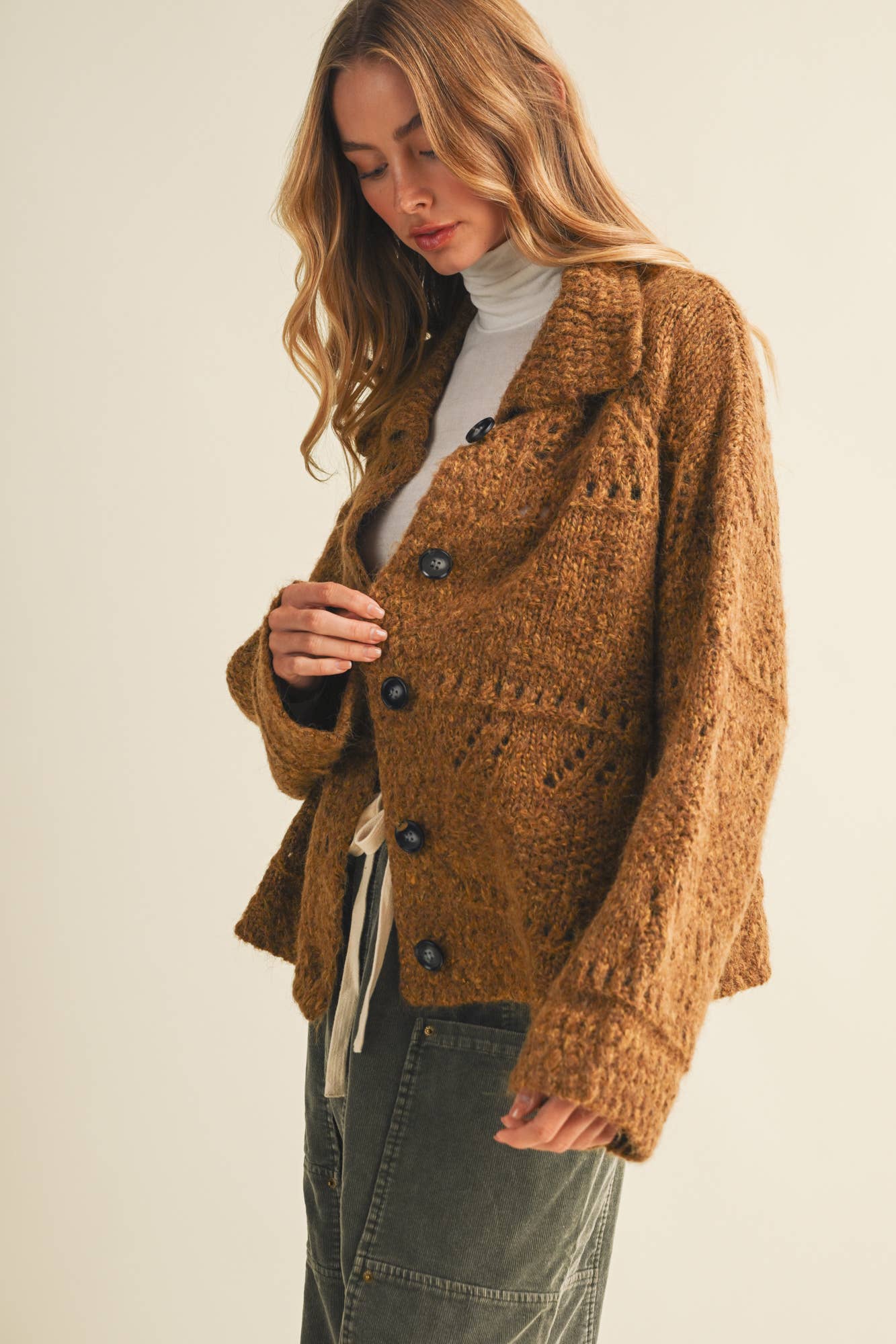 CAMEL OPEN KNIT BUTTON FRONT SWEATER
