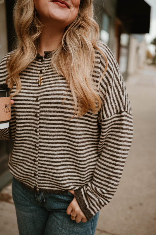 BROWN + CREAM STRIPED BUTTON FRONT CARDIGAN