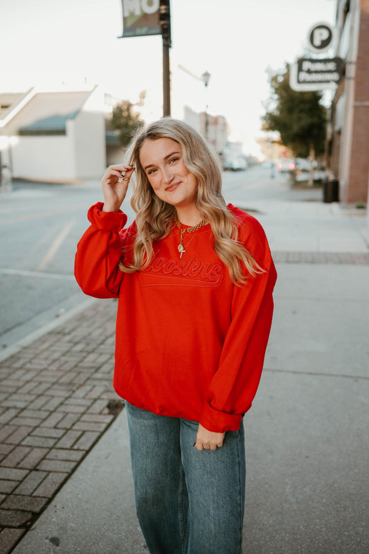 RED HOOSIERS FELT PATCH CREWNECK