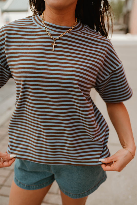 BLUE + BROWN FLEECE STRIPED TEE