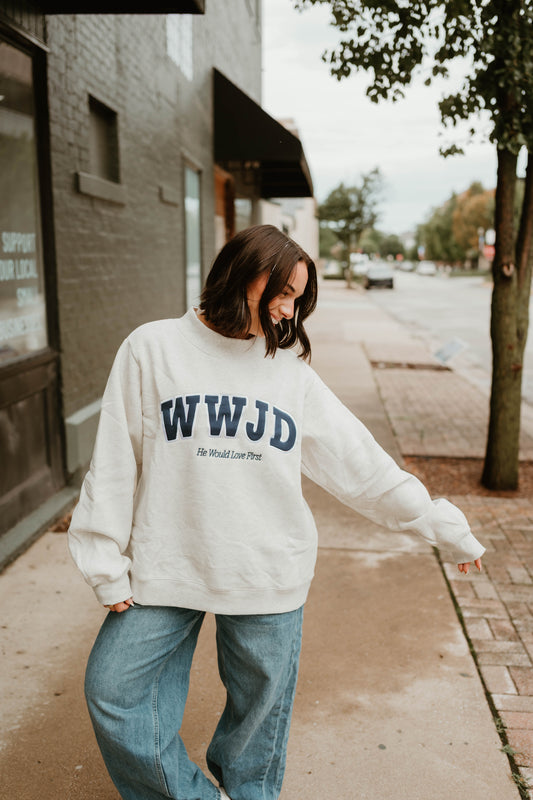 "WWJD" PREMIUM MOCKNECK CREW | ASH