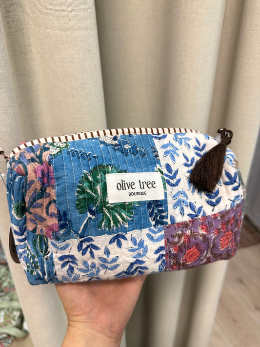 NAVY + PURPLE QUILTED PATCHWORK MAKEUP POUCH