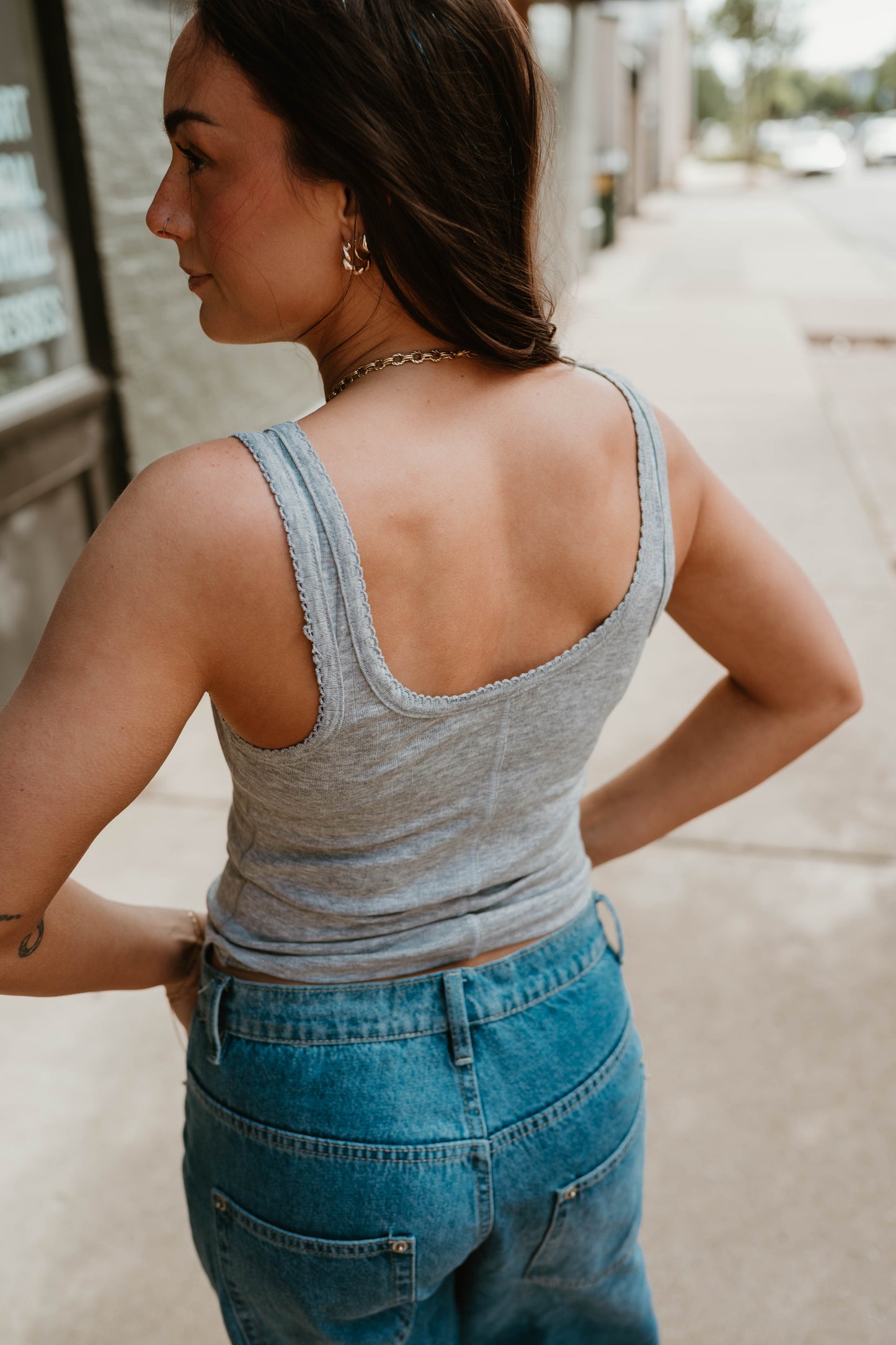 GRAY BUTTON FRONT KNIT TANK