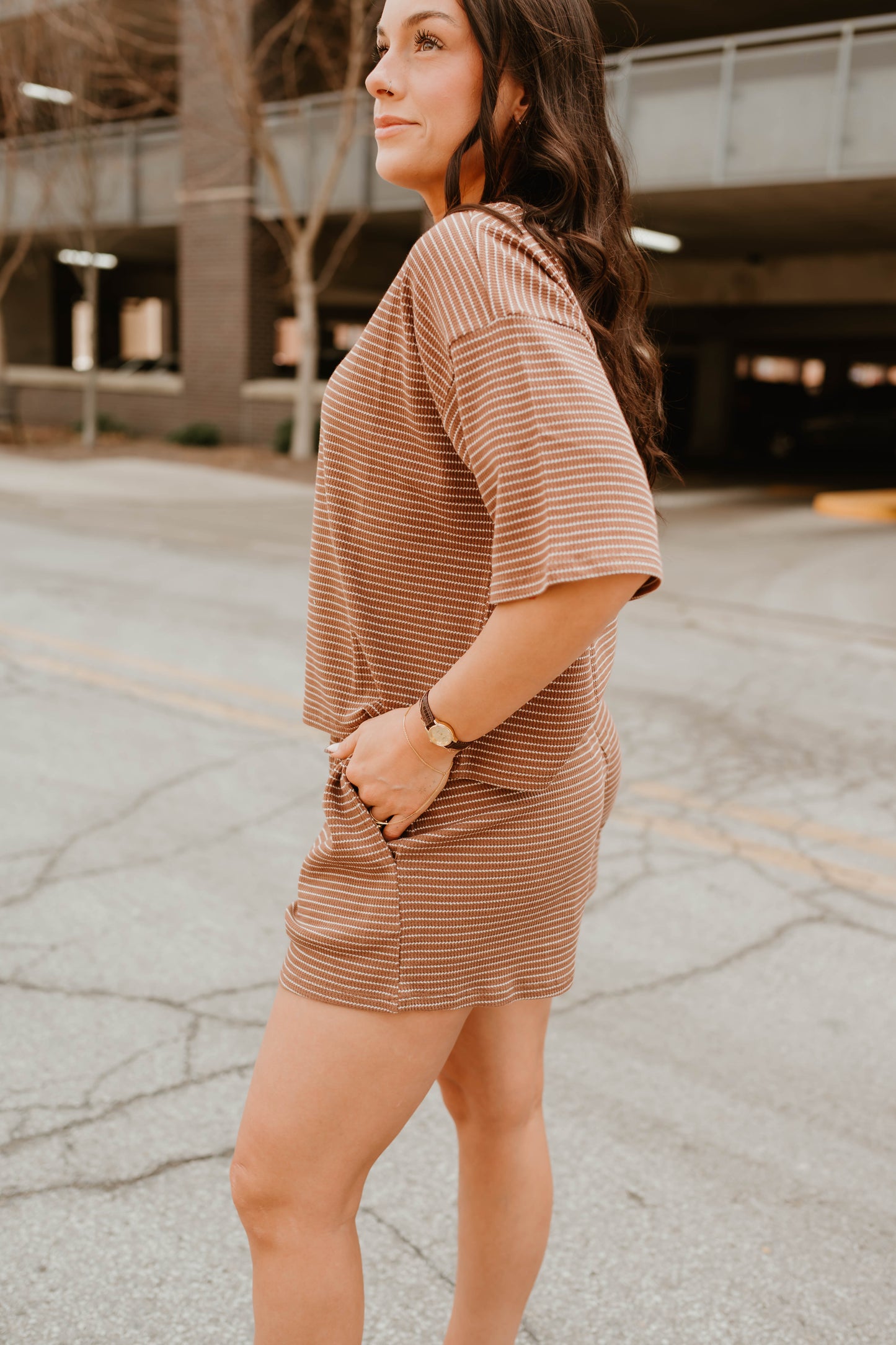 BROWN STRIPED TEE + SHORTS SET