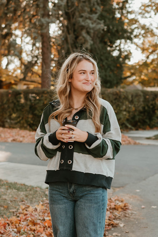 GREEN + GRAY STRIPED PULLOVER