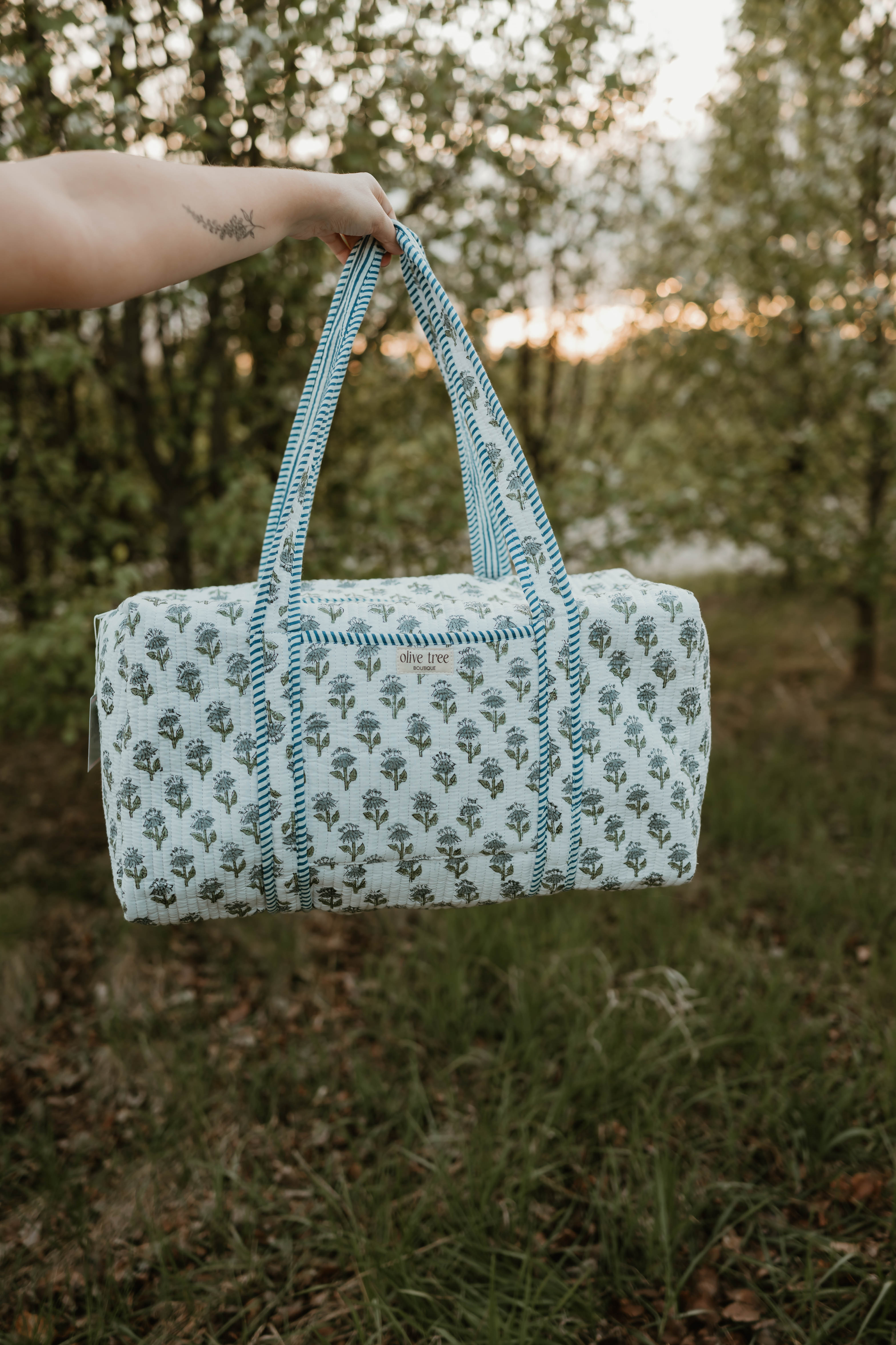 BLUE + GREEN FLORAL DUFFLE BAG