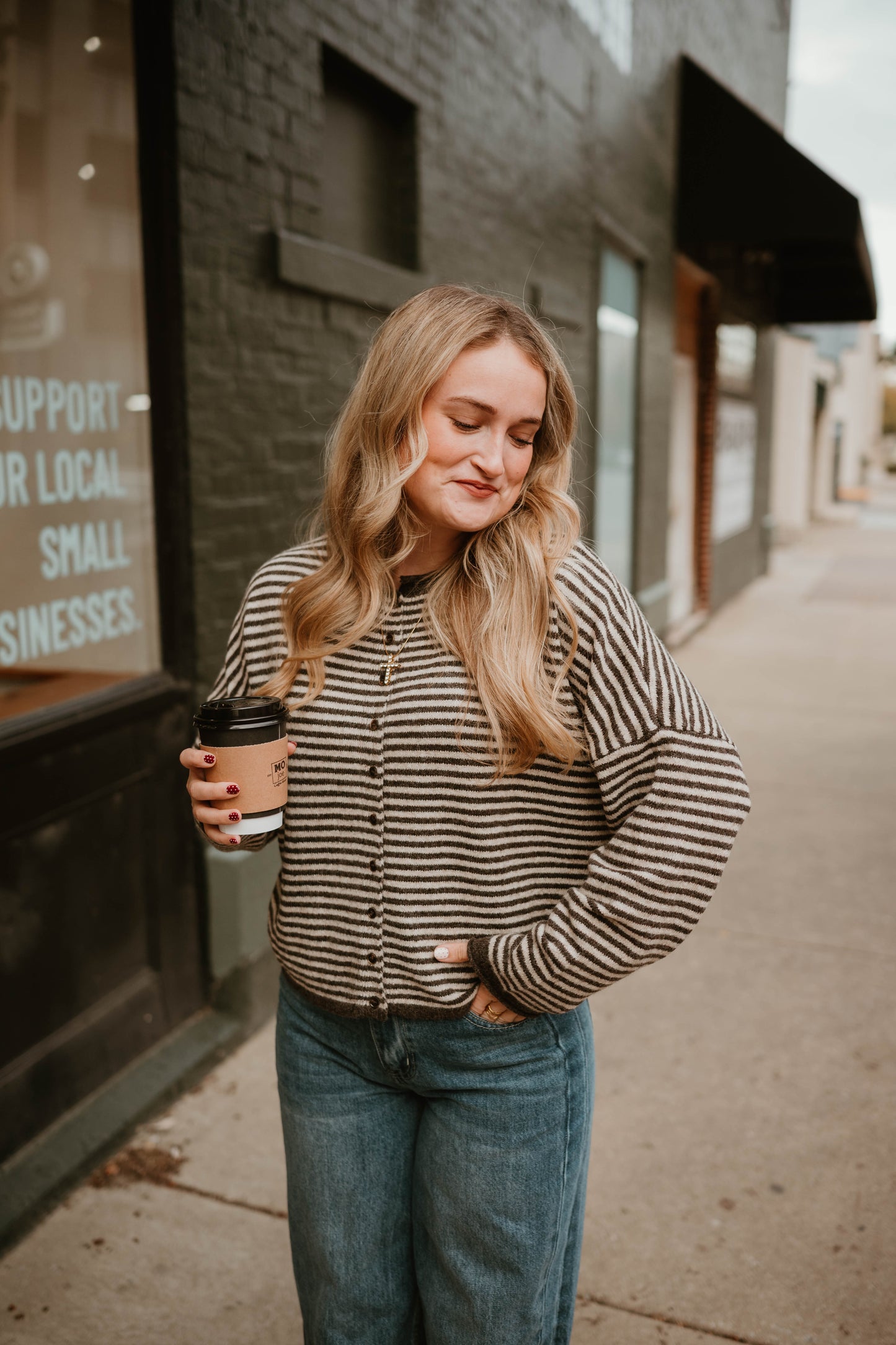 BROWN + CREAM STRIPED BUTTON FRONT CARDIGAN