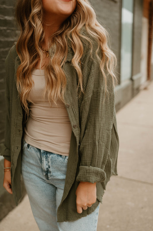 OLIVE GAUZE BUTTON DOWN TOP