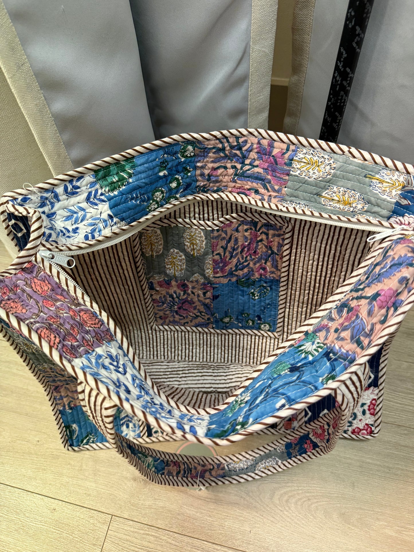NAVY + PURPLE QUILTED PATCHWORK TOTE
