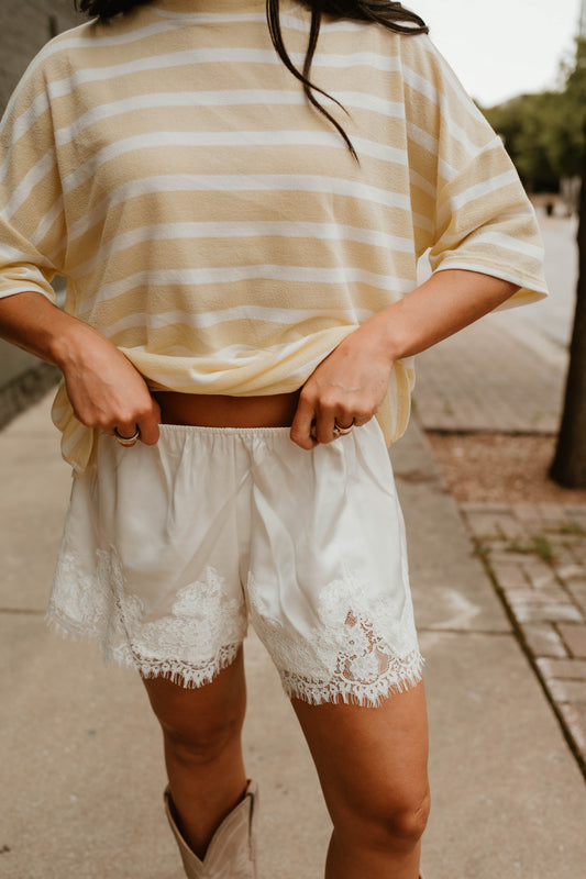WHITE SATIN LACE TRIM SHORTS