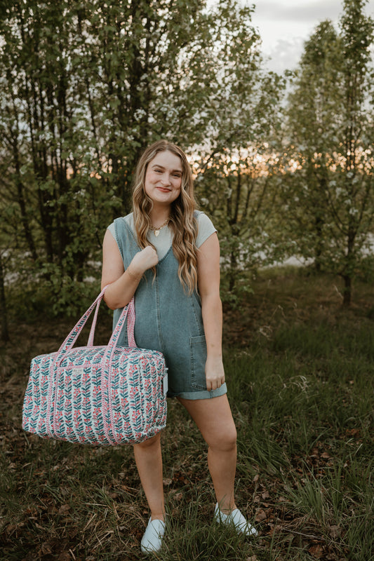 PINK + BLUE FLORAL DUFFLE BAG