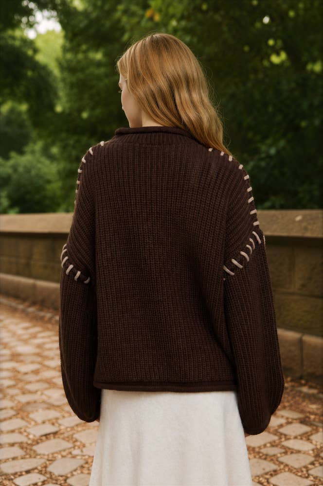 CONTRAST STITCH MOCK NECK SWEATER