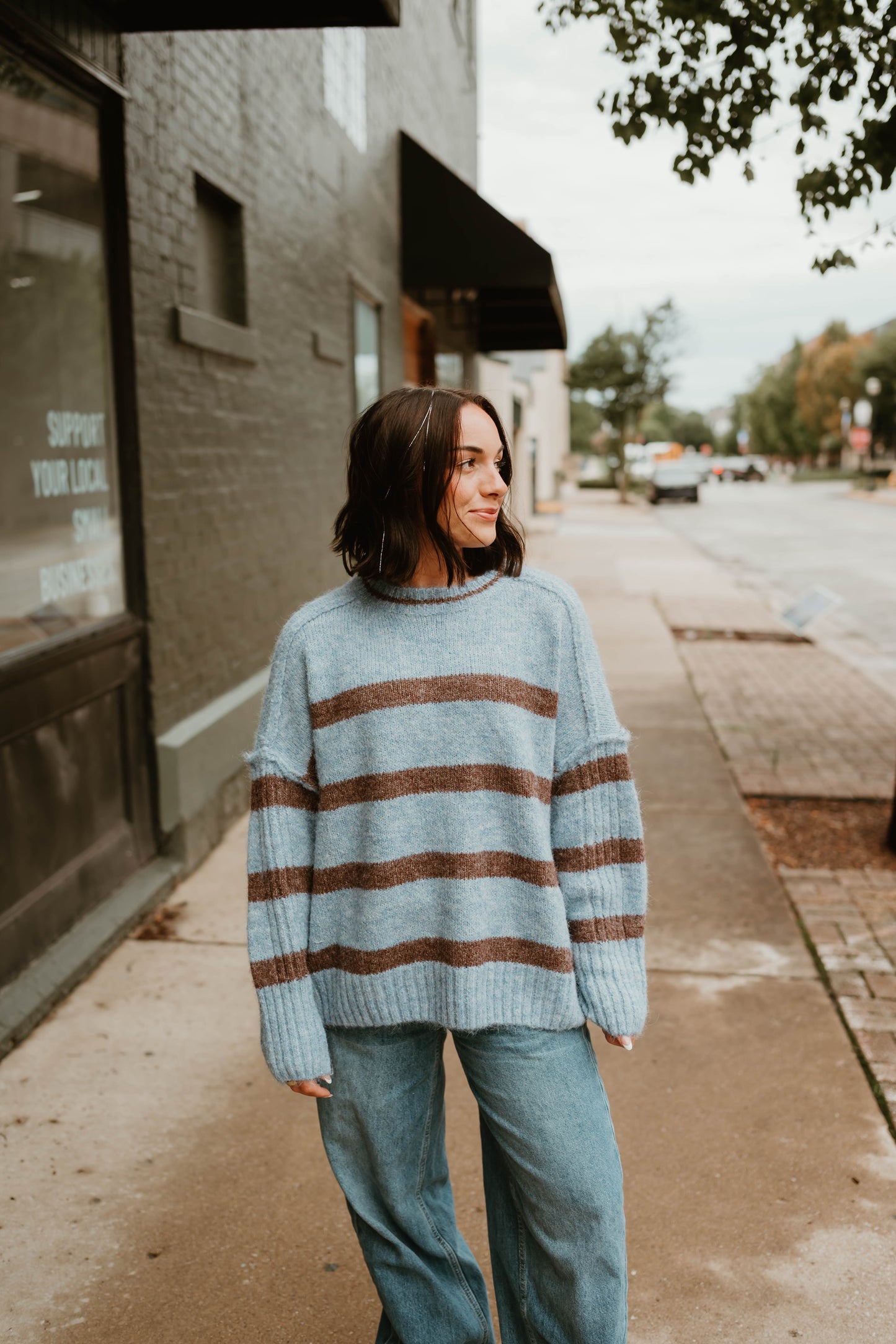 BLUE + MOCHA STRIPED OVERSIZED SWEATER